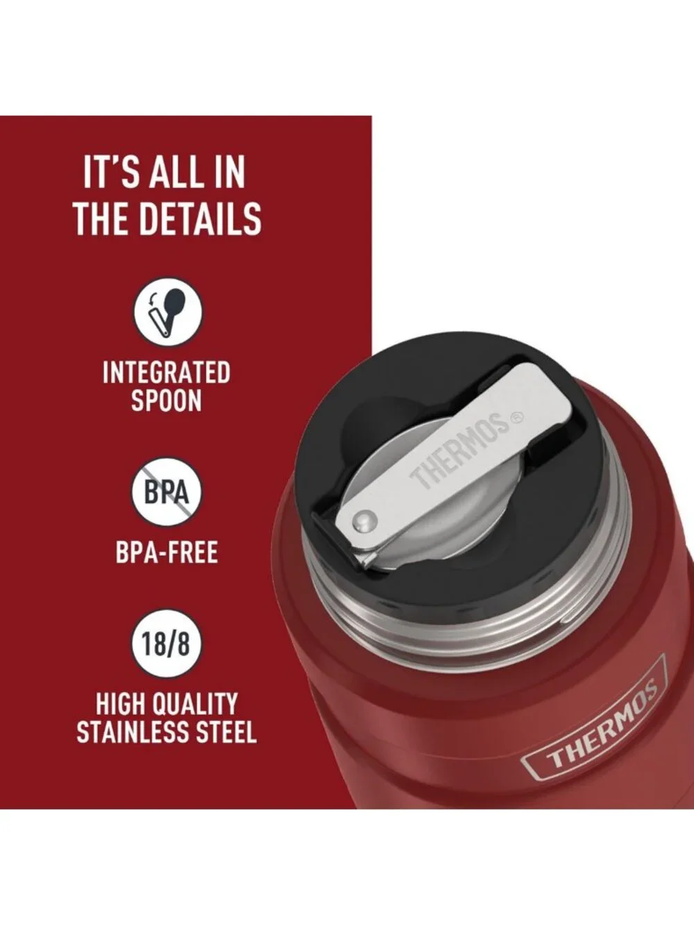 Vacuum-Insulated Food Jar with Spoon, 16oz, Matte Red - Perfect for Hot & Cold